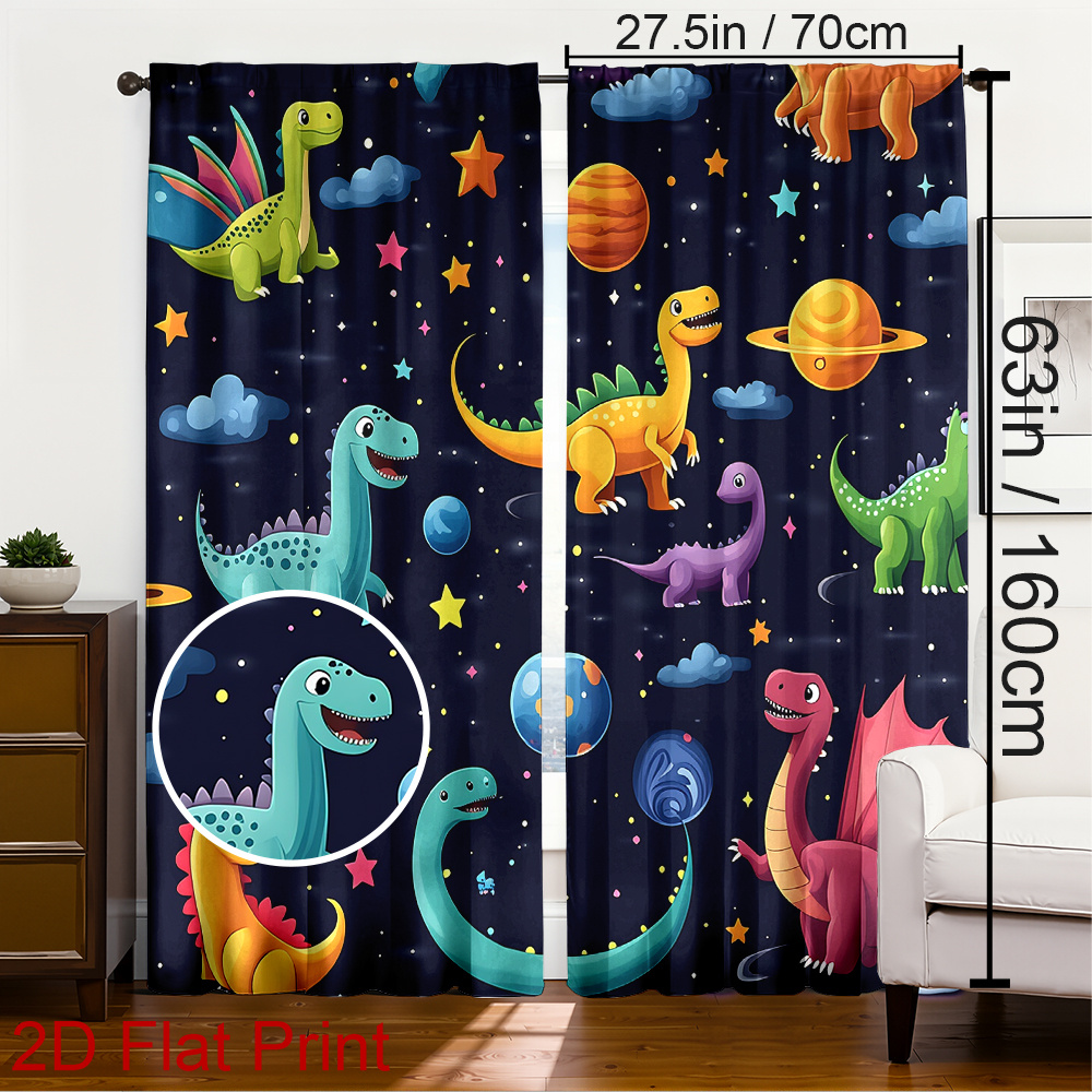 TEMU 1pc/2pcs Set Dinosaur Starry Sky, Printed Polyester Drapes Dinosaurs Roam The Universe. Blackout Curtain Panels Soft, Easy-hang Rod For Living