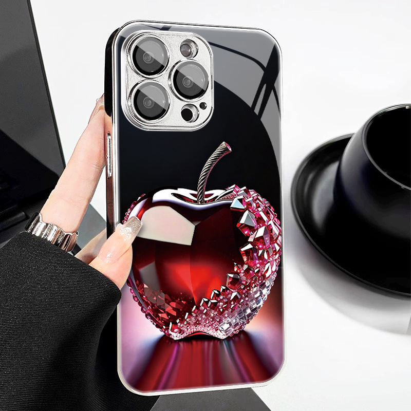 TEMU Phone Case: Red Irregular Crystal Pattern Lens Film Plated Glass Phone Case For Iphone 16 Pro Max/15/14 Plus/13/12/11, Shockproof Anti-slip,