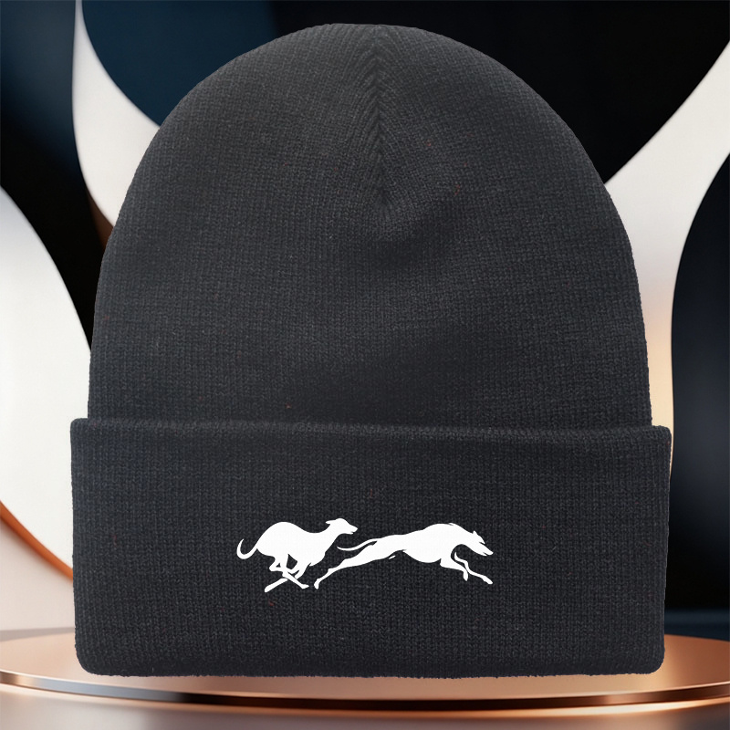 TEMU Minimalist Black And White Greyhound Print Beanie, Couple's Warm Hat, Cold Protection Essential, Unique Animal Silhouette Design For Dog Lovers,
