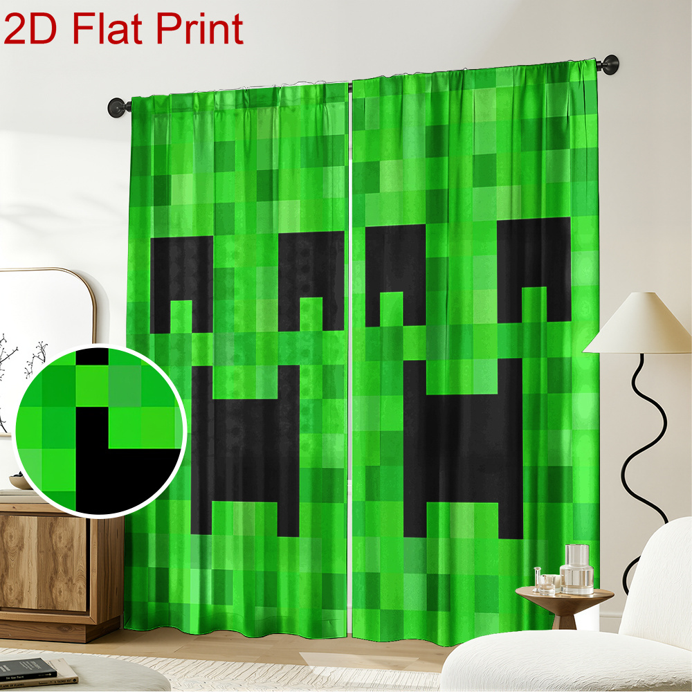 TEMU Ensemble de 2 panneaux de rideaux occultants en polyester à motif vert style pixel imprimé printemps, parfaits pour la décoration de salon,