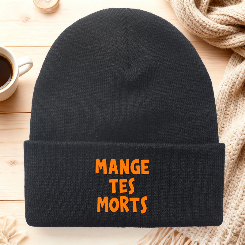 TEMU 1pc, Bonnet à Imprimé de Lettres Tendance, Mange Tes Morts Française Slogan Amusant Chapeau de Couple, Chapeau d'Hiver Unisexe Chaud, Cadeau