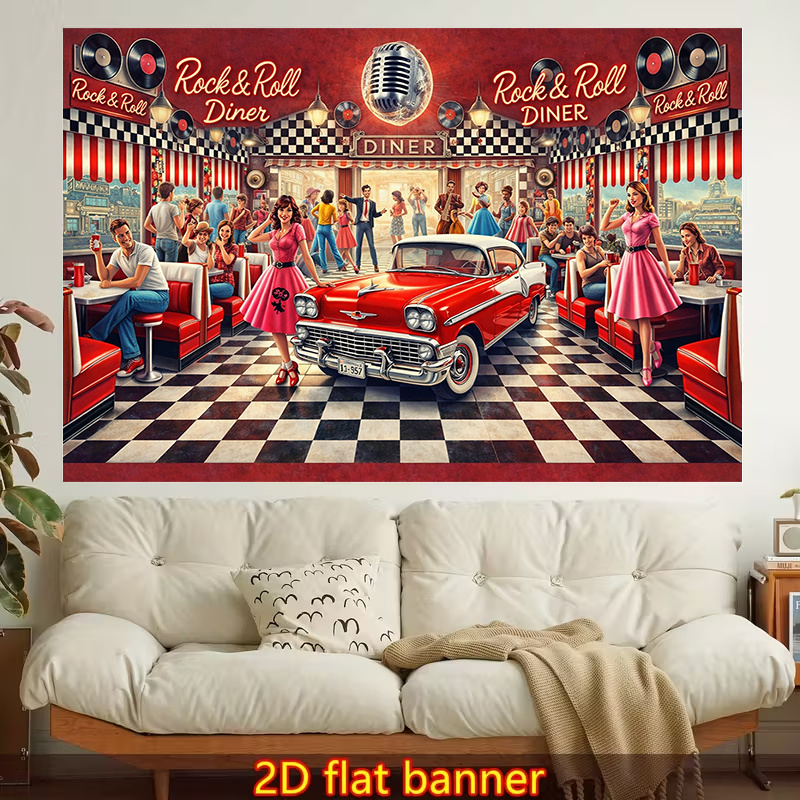 TEMU 2d Flat - 2d Flat - A Single Piece Of Trendy 2d Flat Wall Tapestry Featuring A 1950s Retro Diner And Rock And Roll Theme. It Boasts Vibrant