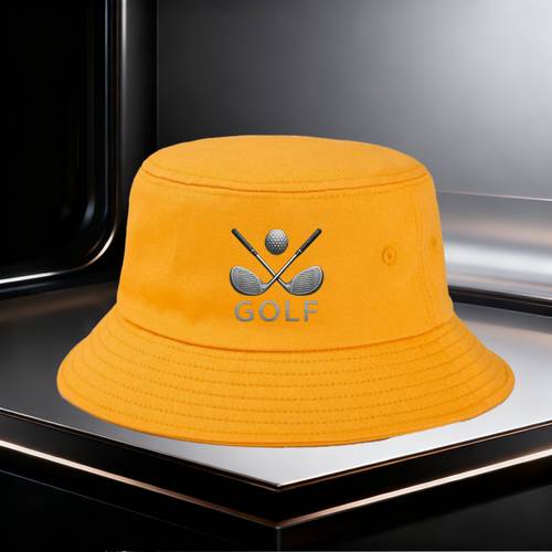a high quality outdoor bucket hat for golf enthusiasts suitable for men and women as a couples style in multiple colors this hat features a minimalist black and of golf clubs and a golf ball it