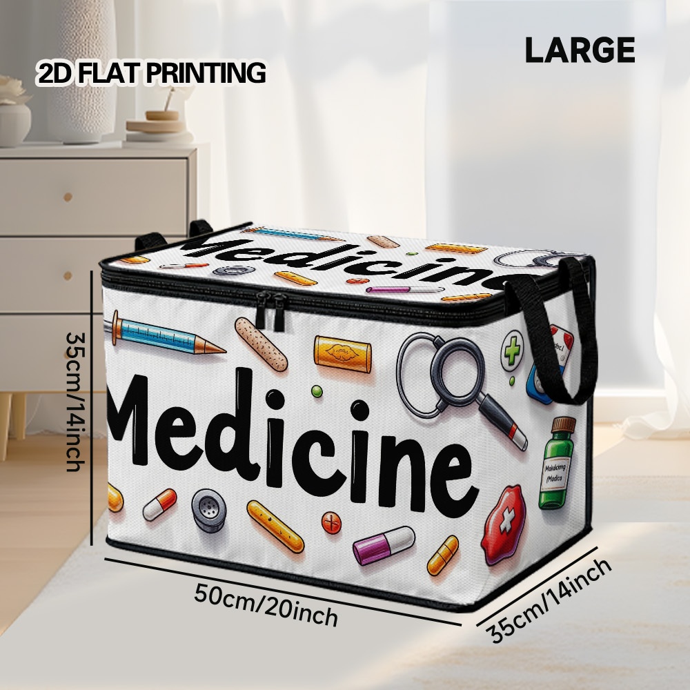 Image of 1pc Large-capacity Medical Icons & Tools Storage Bin With Lid - Soft Pet Fabric Rectangular Suitable For Home, Office,, Clinic - Medical-themed Container For Clothes, Blankets, Supplies, 2d Flat