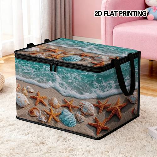 item picture 1pc 2d flat printing clothing storage bin with lid beach seashells and style soft fabric ideal for wardrobe under bed moving storage seasonal clothes bedding towels and holiday decorations tidy and