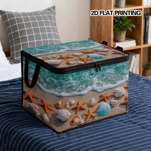 1pc 2d flat printing clothing storage bin with lid beach seashells and style soft fabric ideal for wardrobe under bed moving storage seasonal clothes bedding towels and holiday decorations tidy and