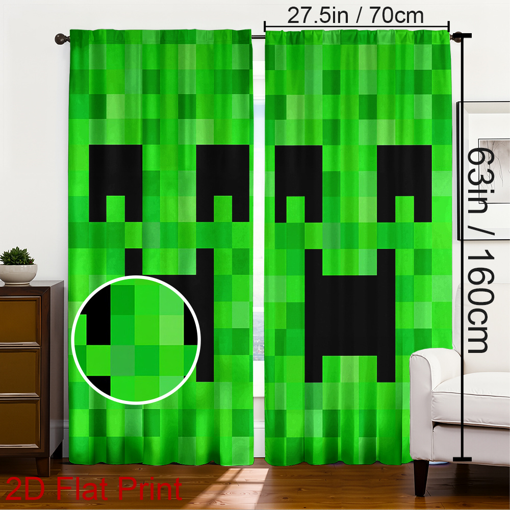 TEMU 1pc/2pcs Set Spring Printed Polyester Drapes Pixel-style Green Pattern Blackout Curtain Panels Perfect For Living Room, Bedroom, Office Decor -