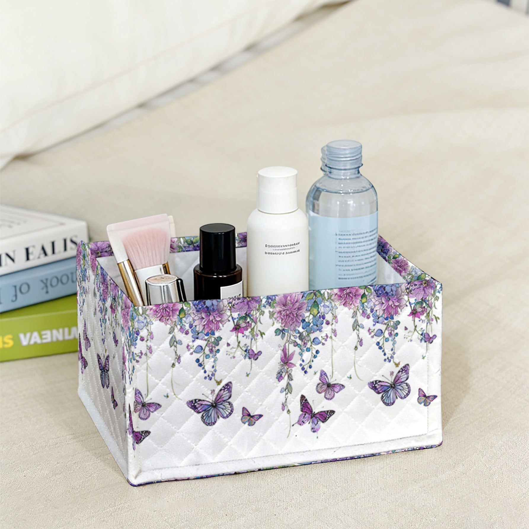 TEMU A 2d Printed Storage Box Featuring A Purple Floral Design, Perfect For Organizing Your Desktop Items, Stationery, And Beauty Products, Bringing