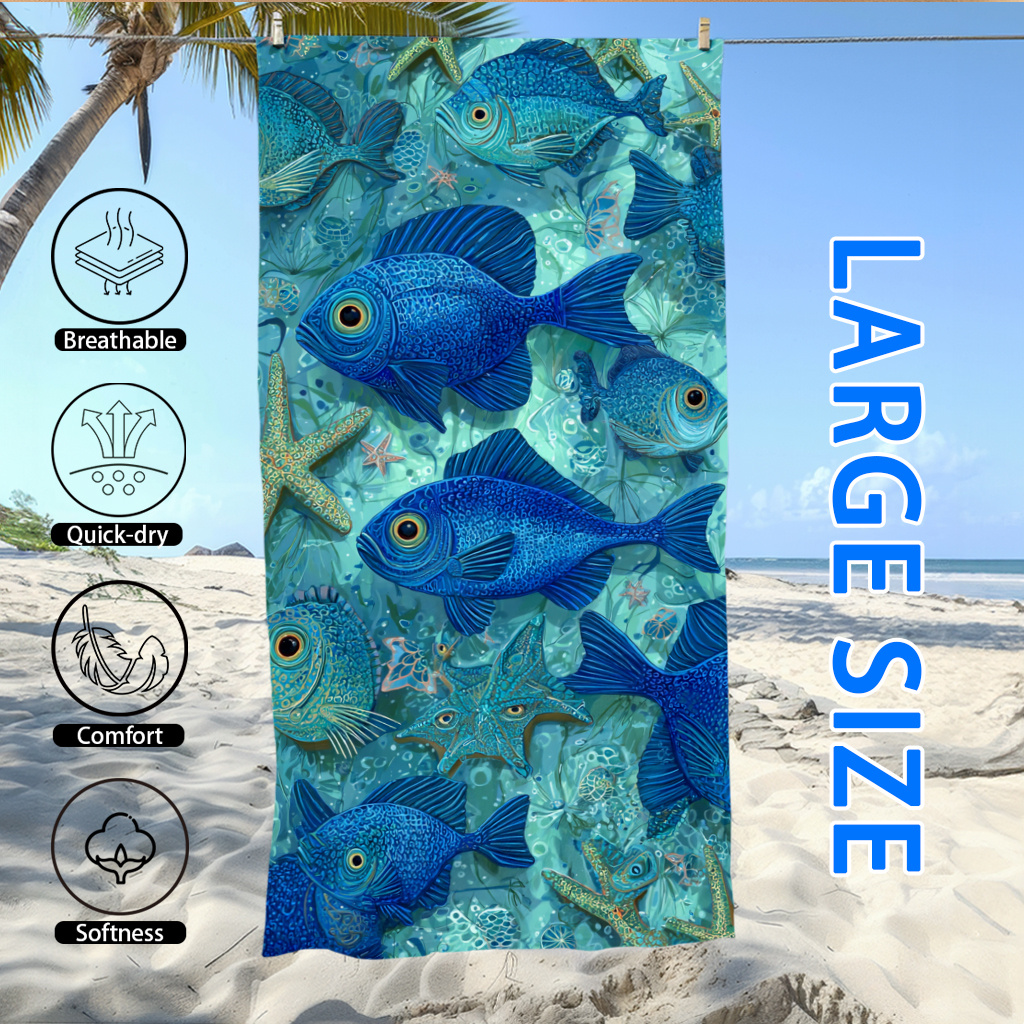 TEMU Large Beach Towel With Deep- And Starfish Pattern, Quick-drying And Absorbent, Vibrant Colors, Exquisite And Stylish, An Essential Vacation Gift