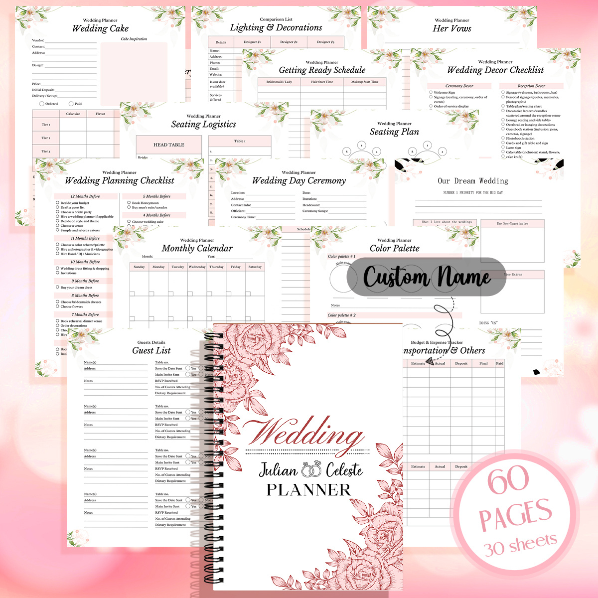 TEMU 1pc A5 Size Customizable Name, Wedding Planning Notebook, Floral Style Spiral Binding, Bride And And Schedule, Bridesmaids And Groomsmen's