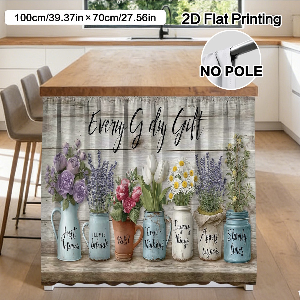 TEMU 2d Flat, (2d Flat) 1pc Floral Jars On Wooden Shelf Curtain & Cabinet Decor - Polyester Material Easy To Clean, Rod For , Laundry Room Bathroom