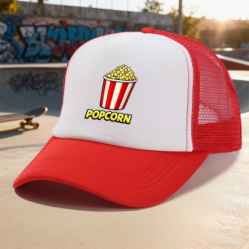 TEMU Gorra de Malla Estampada con de Palomitas de , Unisex con Diseño de Bloques de Color Moderno, Divertidos Patrones de Comida , Estilo Rayas y