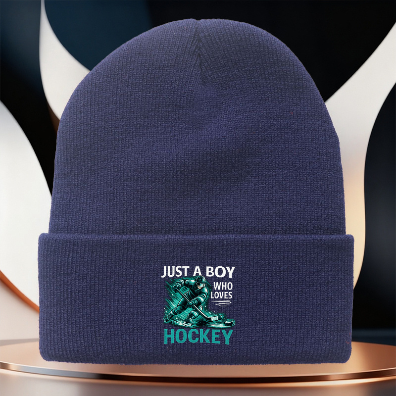 TEMU A Printed Knit Hat Designed For Ice Hockey Enthusiasts, Themed "just A Hockey Lover", Showcasing The Posture And Passion Of Ice Hockey , Is An