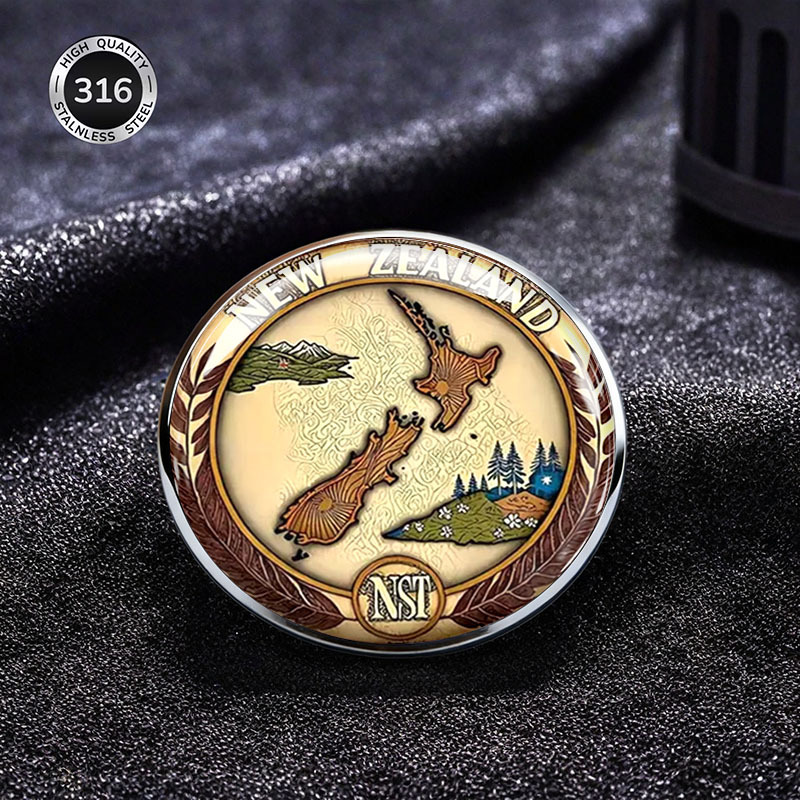 TEMU 2dflat New Zealand Themed Stainless Steel Brooch Featuring Scenery Of New Zealand's Islands (mountains/forests/flowers) As A Design. A Souvenir