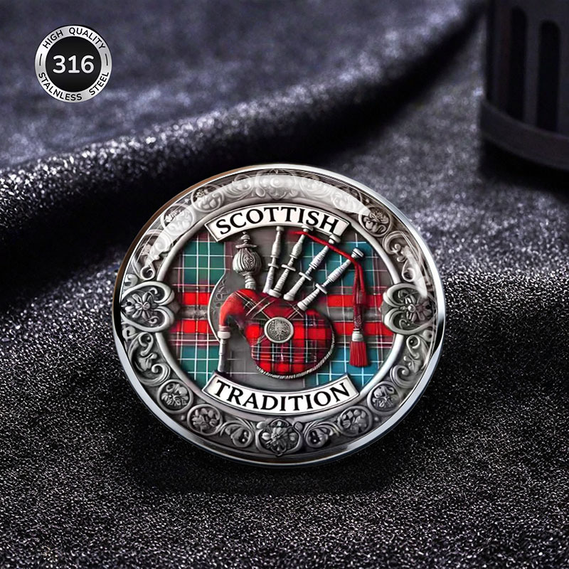 E-shop 2DFLAT Schottische traditionelle Dudelsack-Tartan-Edelstahlbrosche, Vintage keltisches Muster runde Brosche, ethnisches Kleidungsaccessoire,