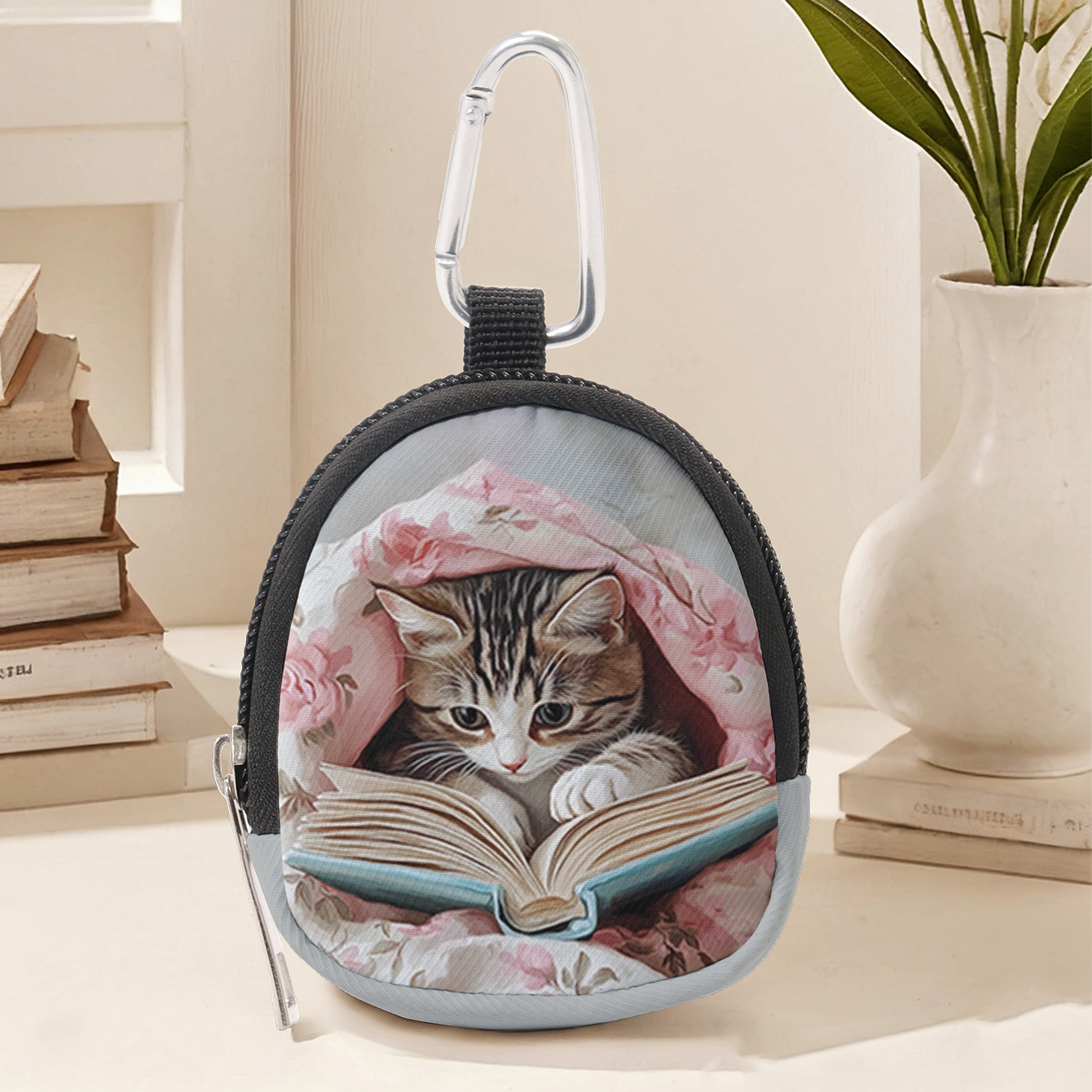 E-shop Lesekatze 2D-Druck Mini-Geldbörse, Leichte Reißverschluss-Münzbörse mit Hakenclip, Kopfhörer- Schlüsseltasche, Geeignet für Männer Frauen