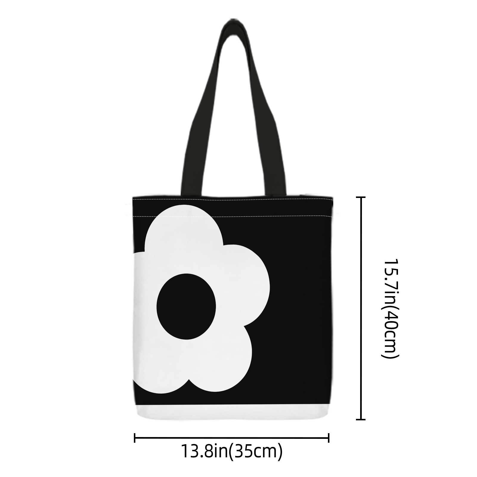 TEMU 【商品名】黒地に白い花のが印刷された両面プリント ショッピングトートバッグ。ミニマリストデザイン、幾何学模様。軽量、折りたたみ可能、再利用可能なショルレージバッグ。旅行、キャンプ、日常使いに。楽しいデザイン。キャンプ用品。
