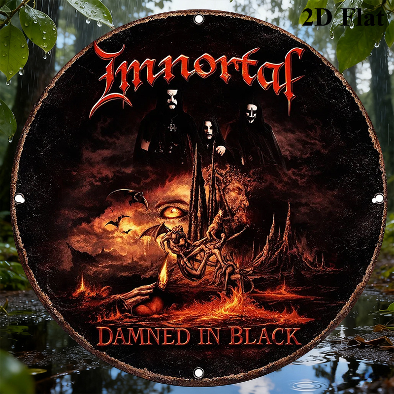 TEMU A Round Sign Measuring 8x8 Inches, Featuring A Vintage Decorative Plaque Related To ' Damned In Black', Designed With A Black Metal Band Theme,