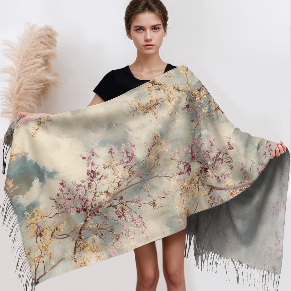 TEMU 1pc Cherry Shawl & Scarf - Soft Warm Windproof Wrap, // Print, Machine-washable Non-stretch Suitable For Office, Camping, New Year Gifts -