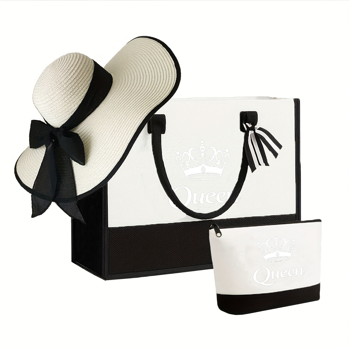 TEMU Ensemble de sacs pour femme 2 pièces/3 pièces : Imprimé lettre couronne simple avec trousse de maquillage/Chapeau de soleil de plage, Sac à main