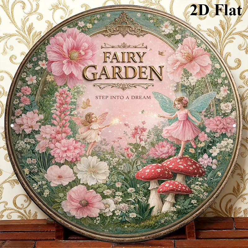 TEMU 1pc Fairy Garden Themed Vintage Round Metal Wall Plaque - 8-inch Aluminum Fairy Tale Sign Suitable For, Cafe, Decor - Magical Miniature Garden