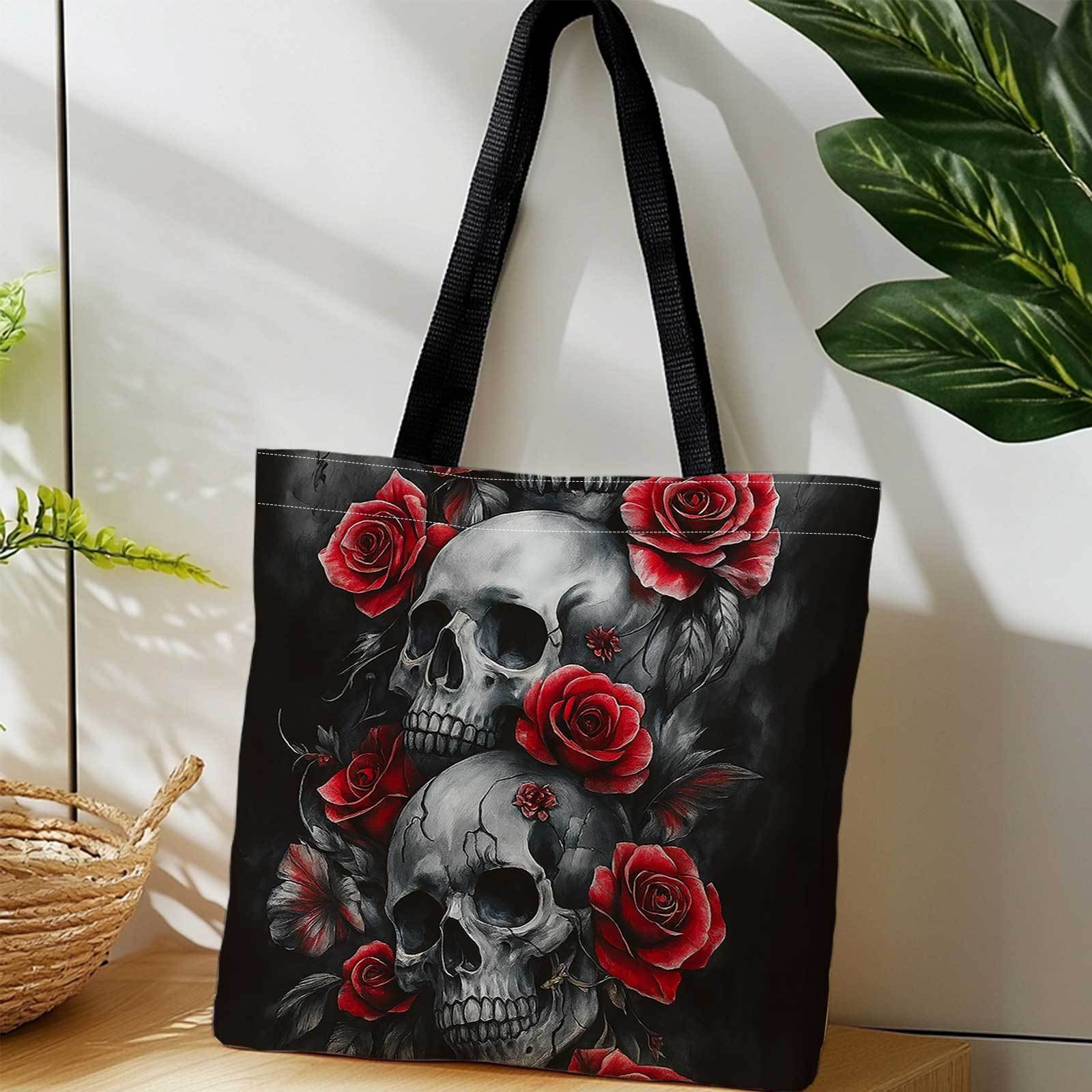 TEMU 1pc Gothic Rose Tote Bag With Skull & Red Rose Print - Double-sided Foldable Reusable Shopping Bag, Lightweight Suitable For Travel, Camping,