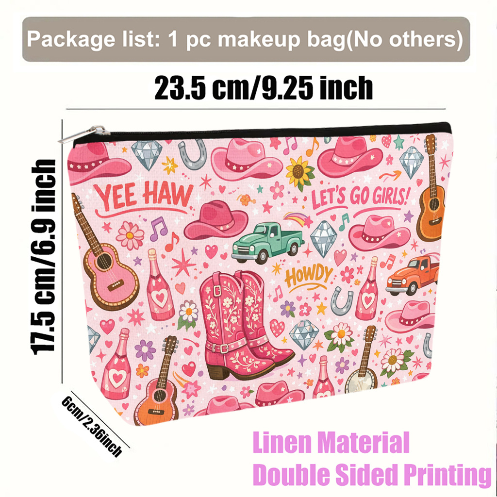 TEMU Cosmetic Bag 1pc, Country Style Pink Illustrations Lightweight Foldable Makeup Bag, Travel Toiletry Pouch, Zipper Closure, Gift For Women, Best