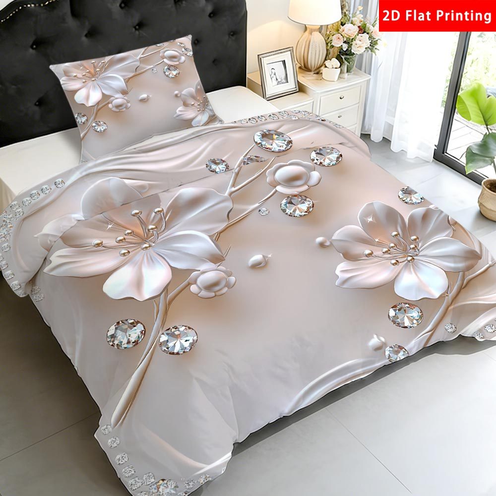E-shop 2/3-teiliges 2D flaches, elegantes Bettbezug-Set mit Blumen- und Diamantenmuster, verschiedene Größen erhältlich, Blumen-Diamant-Bettwäsche,