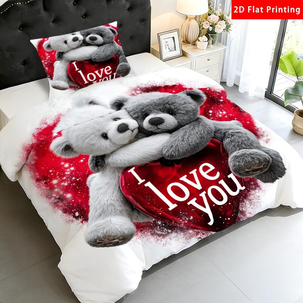E-shop 2/3-teiliges 2D-flaches Teddybär-Herz-Liebe-Ich-liebe-dich-Bettbezug-Set, mehrere Größen verfügbar, Teddybär-Bettwäsche-Steppdeckenbezug, 1