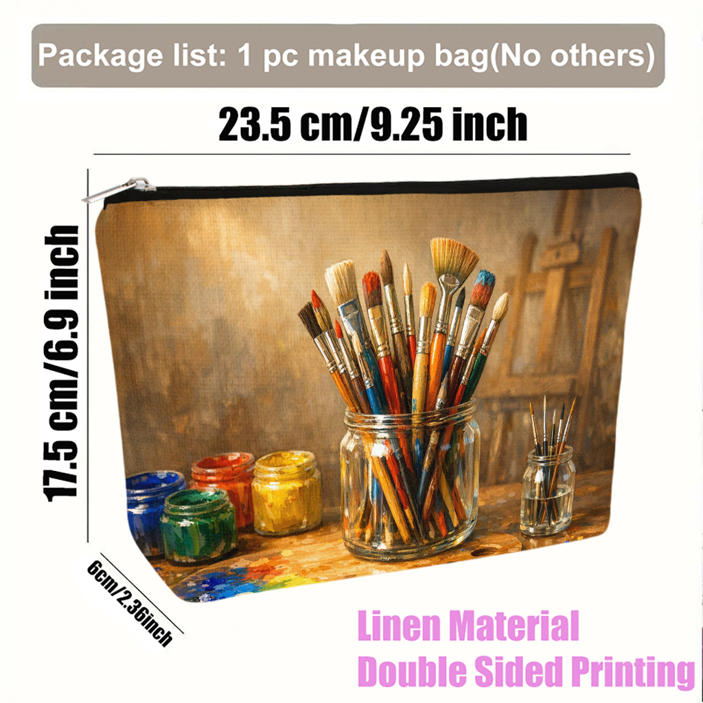 TEMU Cosmetic Bag 1pc, Paintbrushes And Palette Arrangement Lightweight Foldable Makeup Bag, Travel Toiletry Pouch, Zipper Closure, Gift For Women,