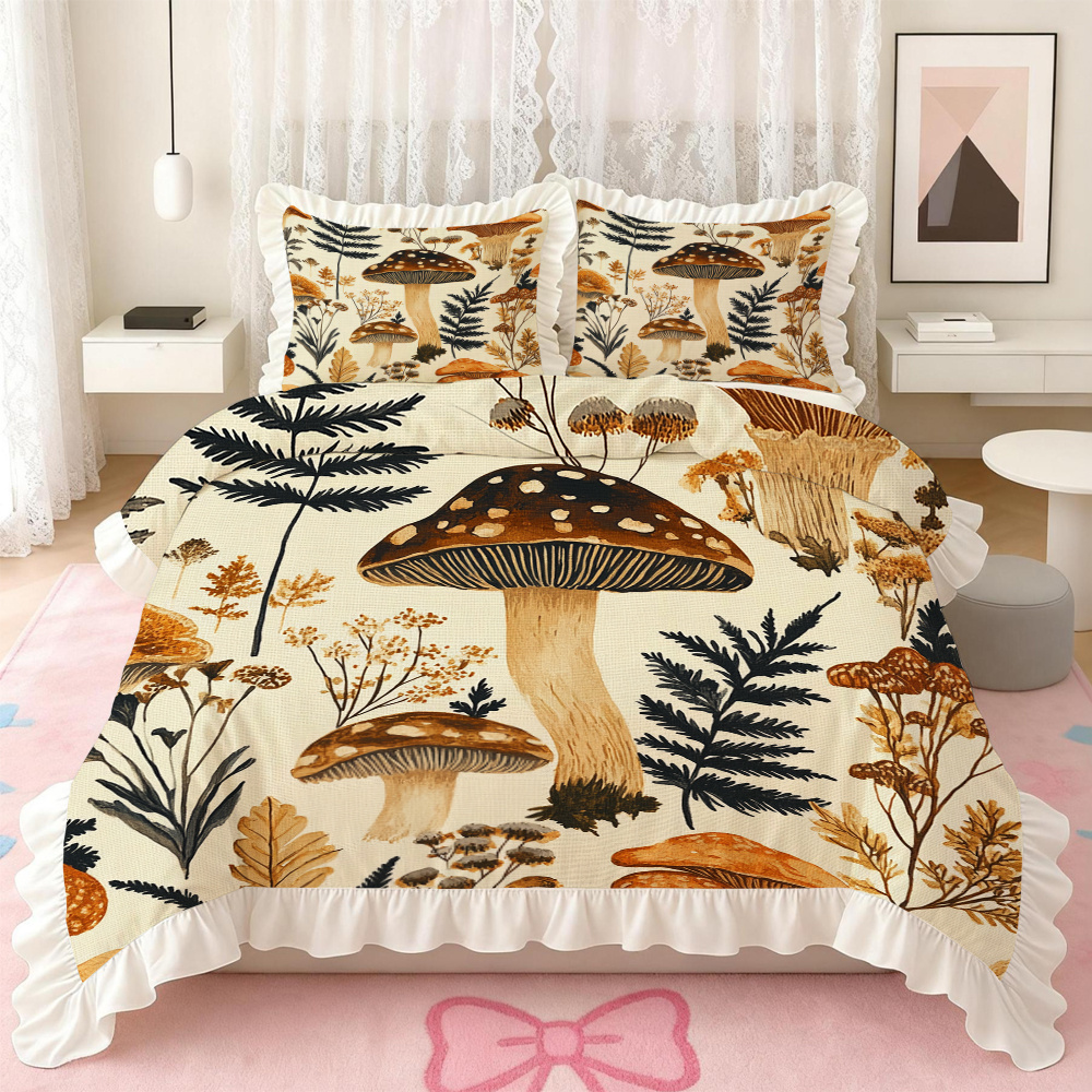 artikel foto   3-  zacht en comfortabel (1 * dekbedovertrek + 2 * kussensloop zonder kern) paddenstoelen   bloemen bladeren stippen   beige zwart beige frisse romantische   maakt de kamer elegant en warm geschikt als vakantiecadeau ideaal voor meisjeskamers en moderne huisdecoratie