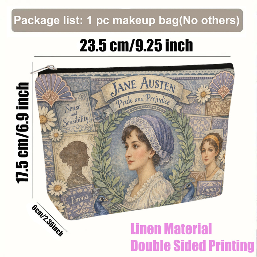 TEMU Borsa cosmetica 1 pz, design libro Jane Austen, borsa per trucco e pieghevole, pochette da toilette da viaggio, chiusura a cerniera, regalo per