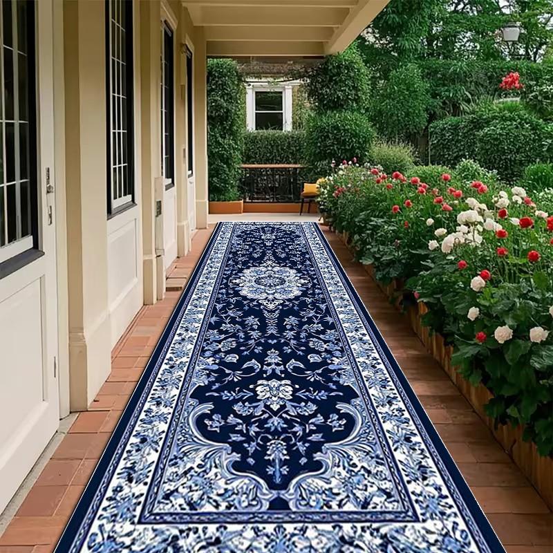 TEMU 1 pieza, Alfombra larga con de porcelana azul y , Material de franela, Estampada con patrones de rollo, Flores y decorativos clásicos, Tono azul