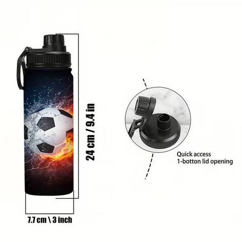 1 20 ounce insulated tumbler made of stainless steel featuring a leak proof design perfect as a gift with a soccer themed fire and water pattern