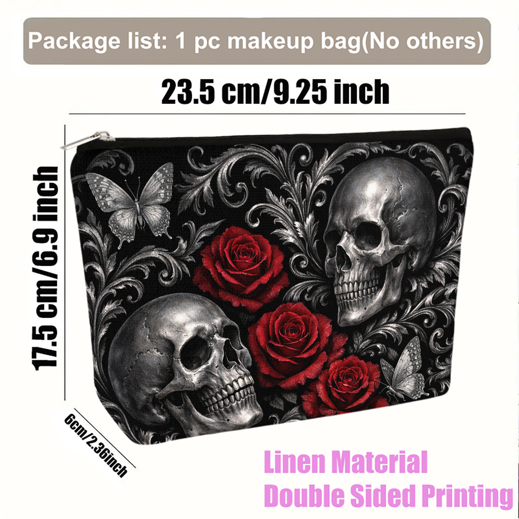 TEMU Neceser de cosméticos 1 pieza, calaveras y rosas con mariposas contrastantes, neceser de maquillaje y plegable, bolsa de de viaje, cierre de