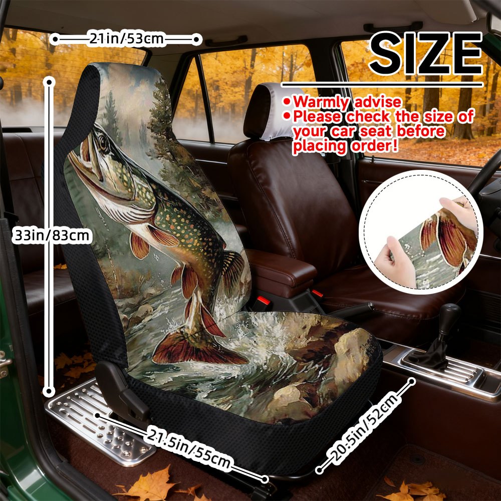 TEMU Set Of 2 Car Seat Covers Featuring A River-themed Design With Jumping Fish, Durability , Suitable For The Front Seats Of Cars And Trucks, Ideal