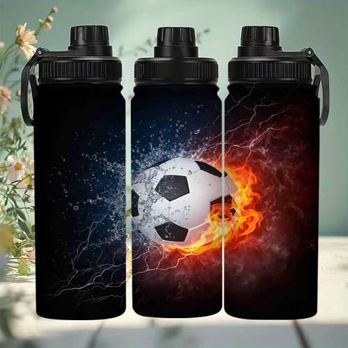 item picture 1 20 ounce insulated tumbler made of stainless steel featuring a leak proof design perfect as a gift with a soccer themed fire and water pattern