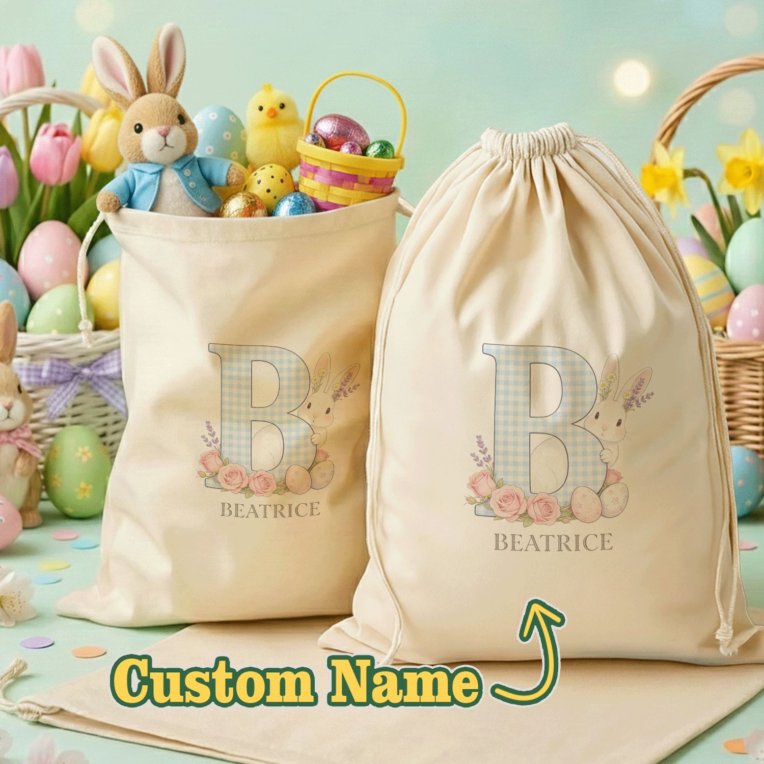 TEMU Gift For Her/him Personalized Name/text Easter Bunny Egg Gift Bag With Lavender & Gingham Letter - Name Drawstring Sack Suitable For Weddings,