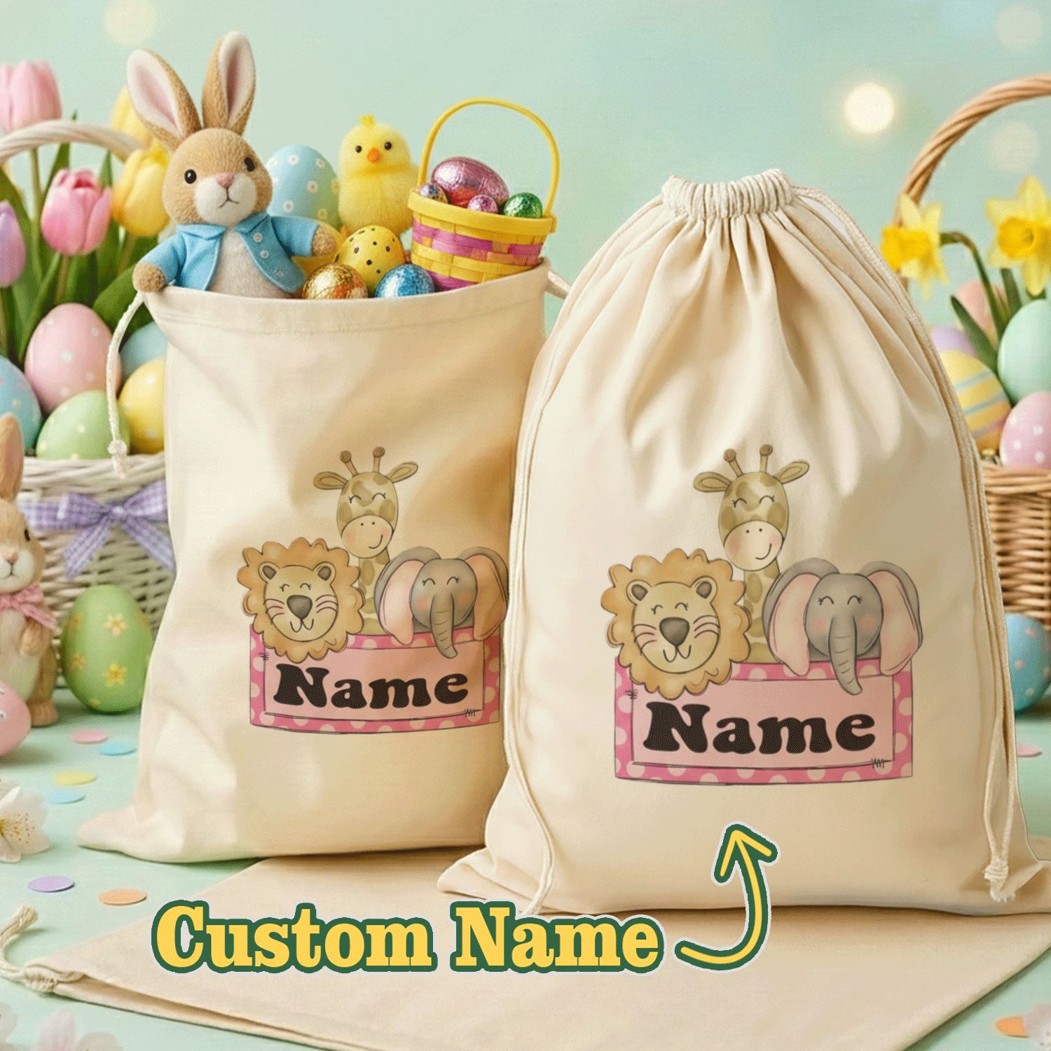 TEMU Gift For Her/him Personalized Easter Drawstring Gift Bags | Cartoon Lion Giraffe Elephant & Polka Dots, Custom Name For Kids Gifting, 4 Sizes (