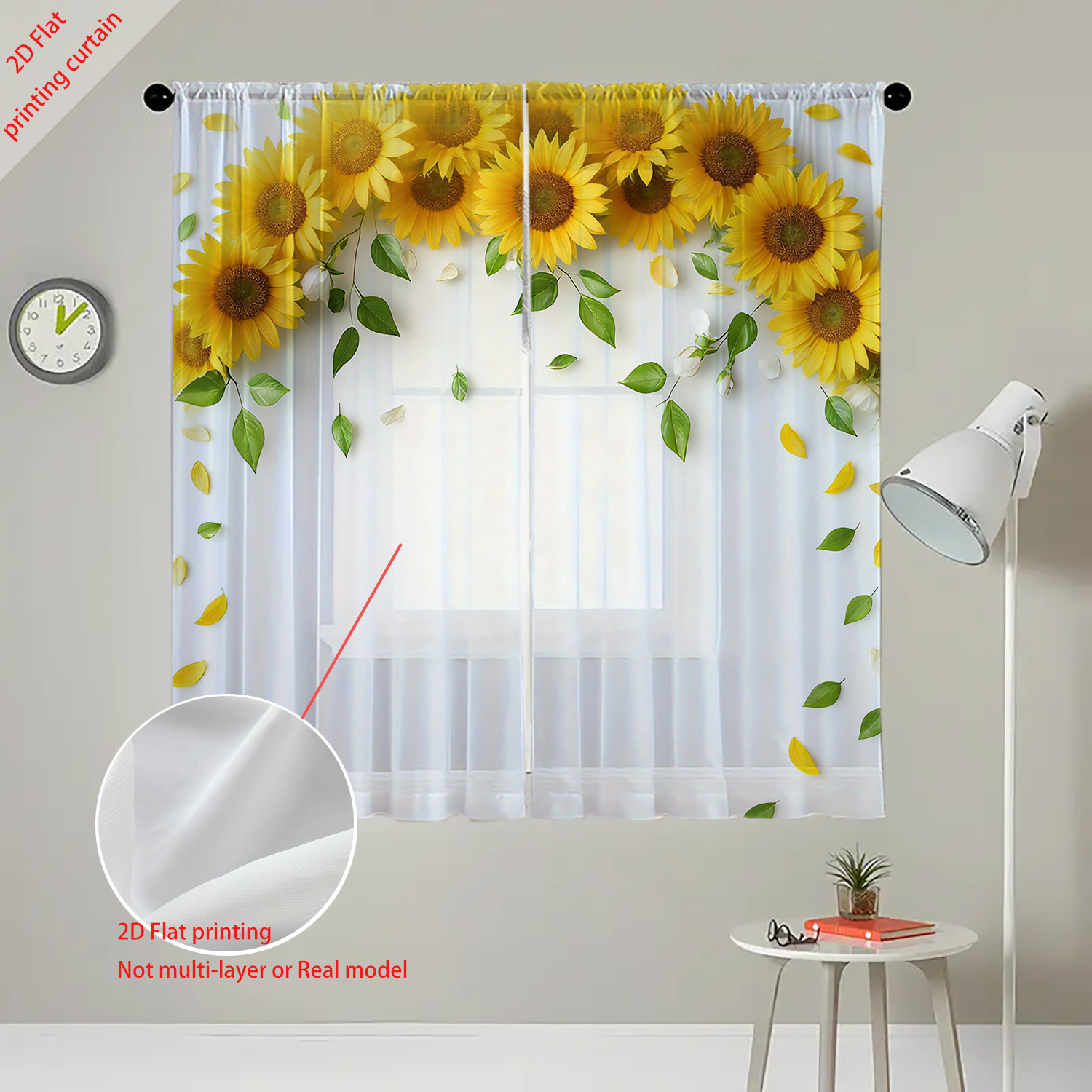 TEMU 2d Flat, 2d 2pcs Sunflower Green Leaf Floral Decor Sheer Curtain, Simple Artistic Style Flowing Window Sheer, Suitable For Kitchen, Cafe, Dining