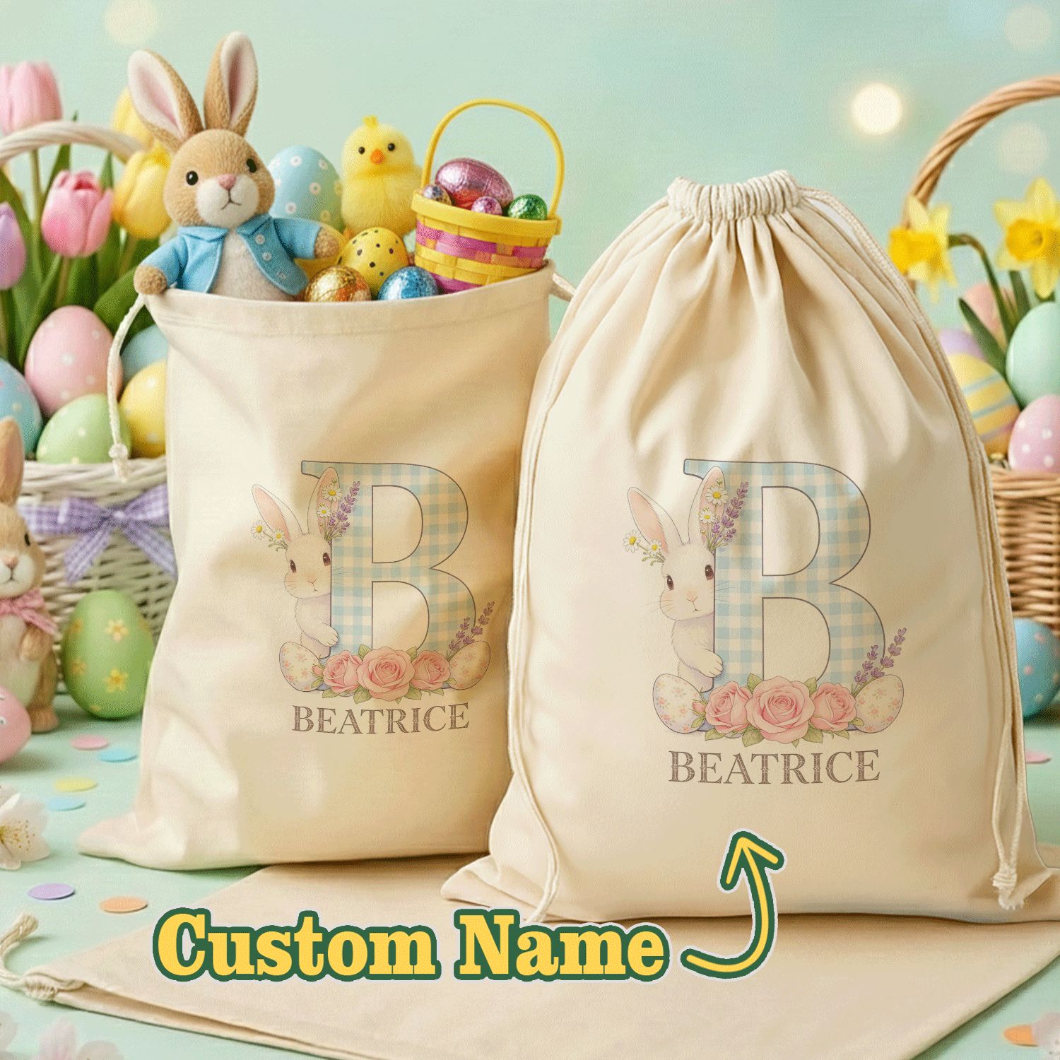 TEMU Regalo Personalizzato /Lui - Sacchetto Regalo con Coniglietto e Uova di - /Numero Personalizzato con Gingham Blu, e , Fiori di Lavanda - per ,