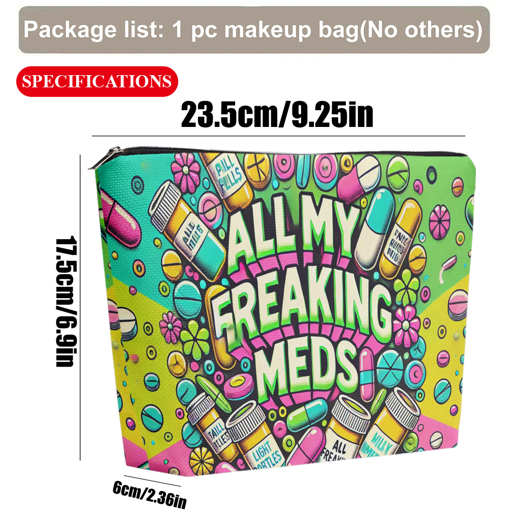 TEMU Cosmetic Bag 1pc, Pills And Bottles Artwork Makeup Bag, Use For , Foldable & Portable Toiletry Bag, Zipper Closure, Travel Storage/daily, Gift