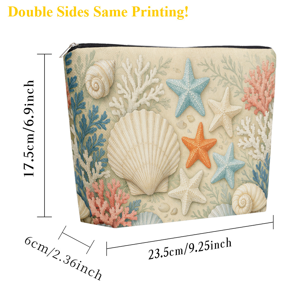TEMU Makeup Bag 1pc, Ocean Shells And Starfish Elements Cosmetic Bag With Zipper Closure, Large Capacity Toiletry Pouch, Cute Fashion Wallet Portable