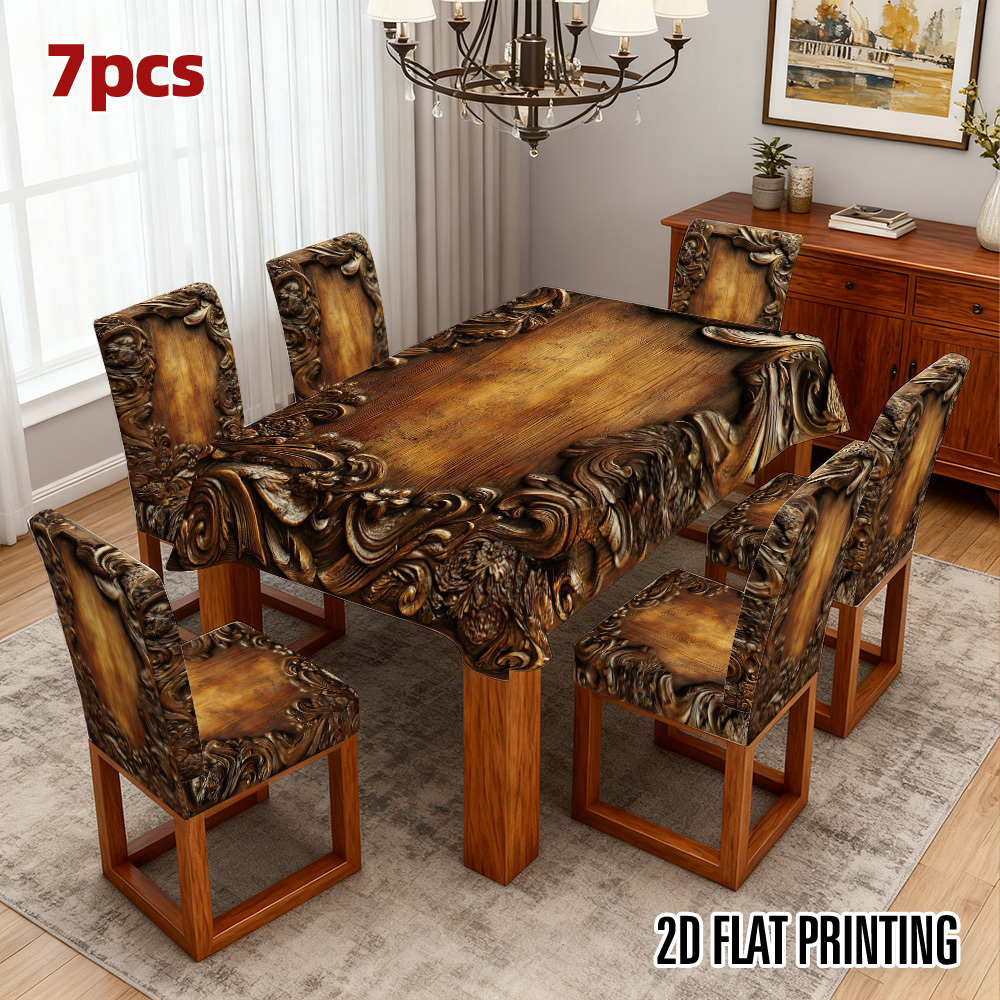 TEMU (2d Flat Printing) 4/5/6/7pcs Ornate Carved Wood Frame Backdrop Chair Cover And Tablecloth Set, Easy , Fits Restaurant Decor, Parties, Kitchen,