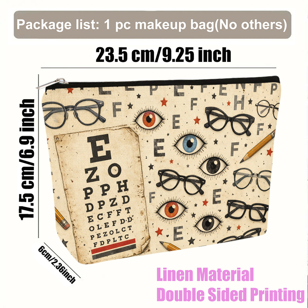 TEMU Makeup Bag 1pc, Chart With Glasses And Eyes Cosmetic Bag, Lightweight Foldable Capacity Makeup Bag, Zipper Closure, Birthday Or Graduation
