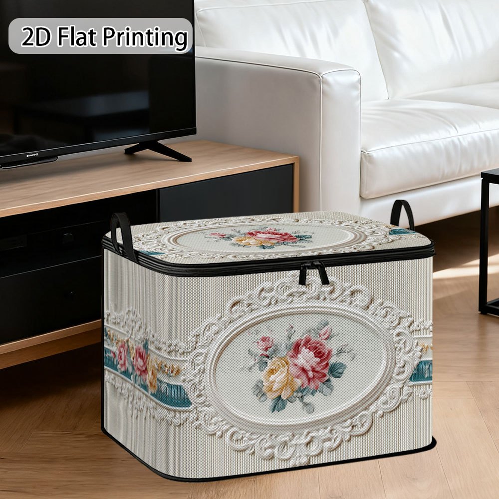 TEMU 2d Flat 1pc Shelf Baskets Shelf Baskets Elegant Floral Vintage Art Laundry Basket, Foldable Clothes Hamper With Handles, Vintage Storage Bin For