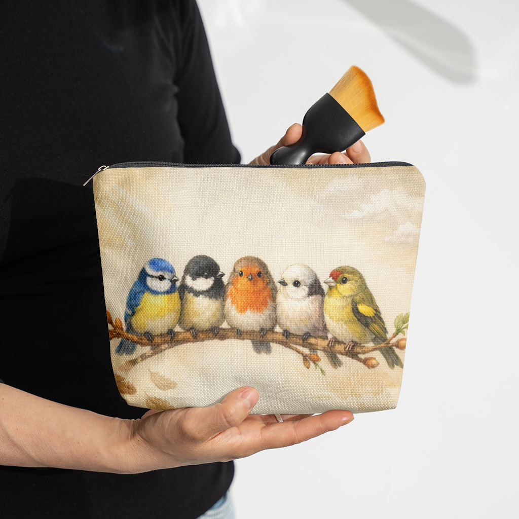 TEMU A Cosmetic Bag With A Zipper Featuring 5 Little Birds Perched On A Branch, A Large-capacity Toiletries Bag, A Cute And Fashionable Wallet, A