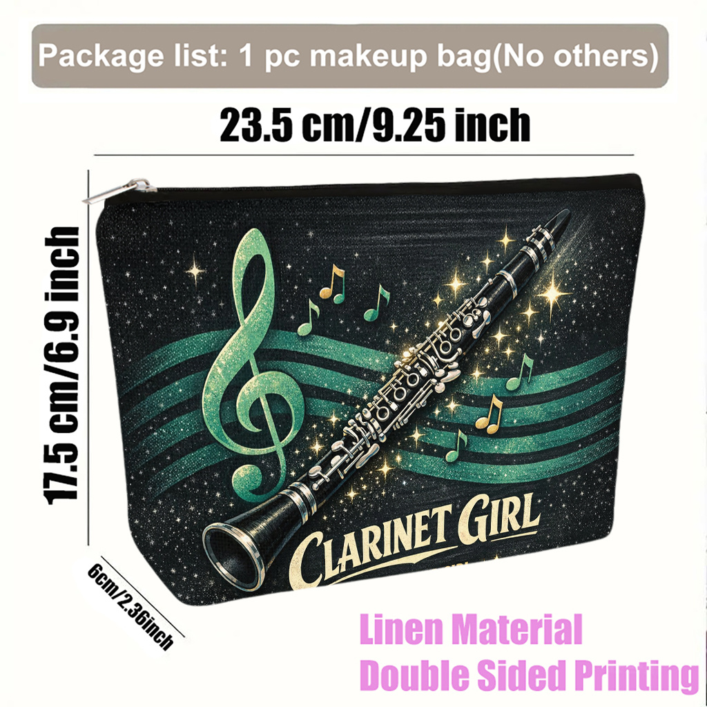 TEMU Cosmetic Bag 1pc, Clarinet Music With Notes Lightweight Foldable Makeup Bag, Travel Toiletry Pouch, Zipper Closure, Gift For Women, Best Friend