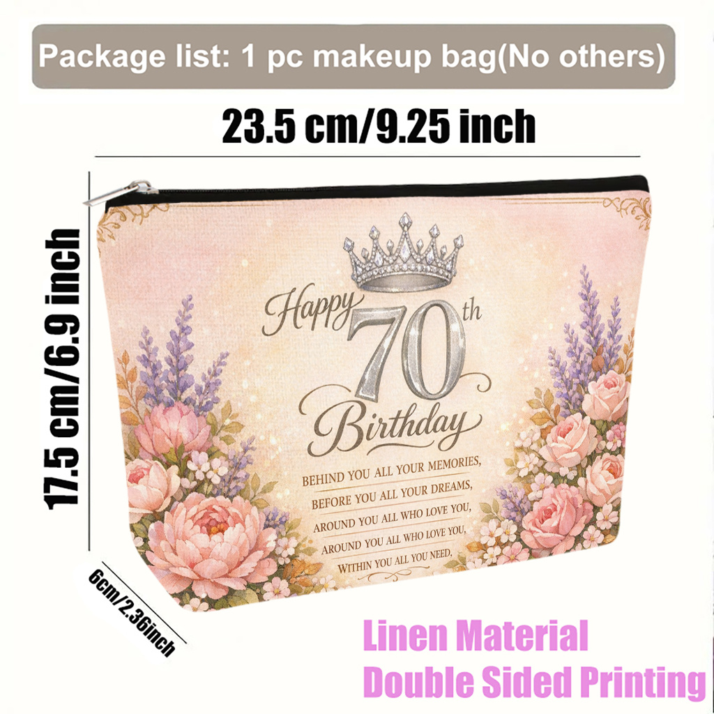 TEMU Cosmetic Bag 1pc, Floral Happy Th Birthday Lightweight Foldable Makeup Bag, Travel Toiletry Pouch, Zipper Closure, Gift For Women, Best Friend