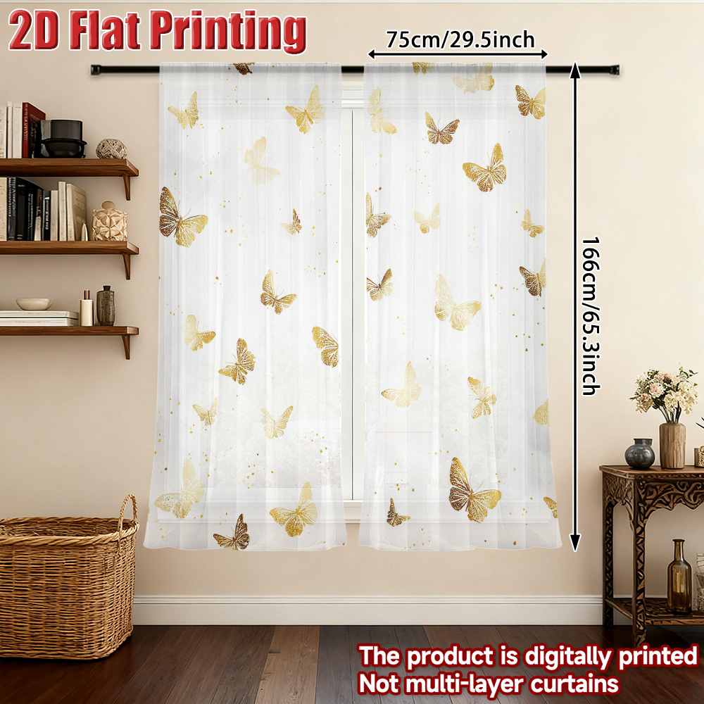 TEMU 2d Flat, 2d Flat Gauze Curtain, 2pcs, Golden Butterflies On White Pattern Fashionable Popular Chiffon Semi Sheer Curtain Festive